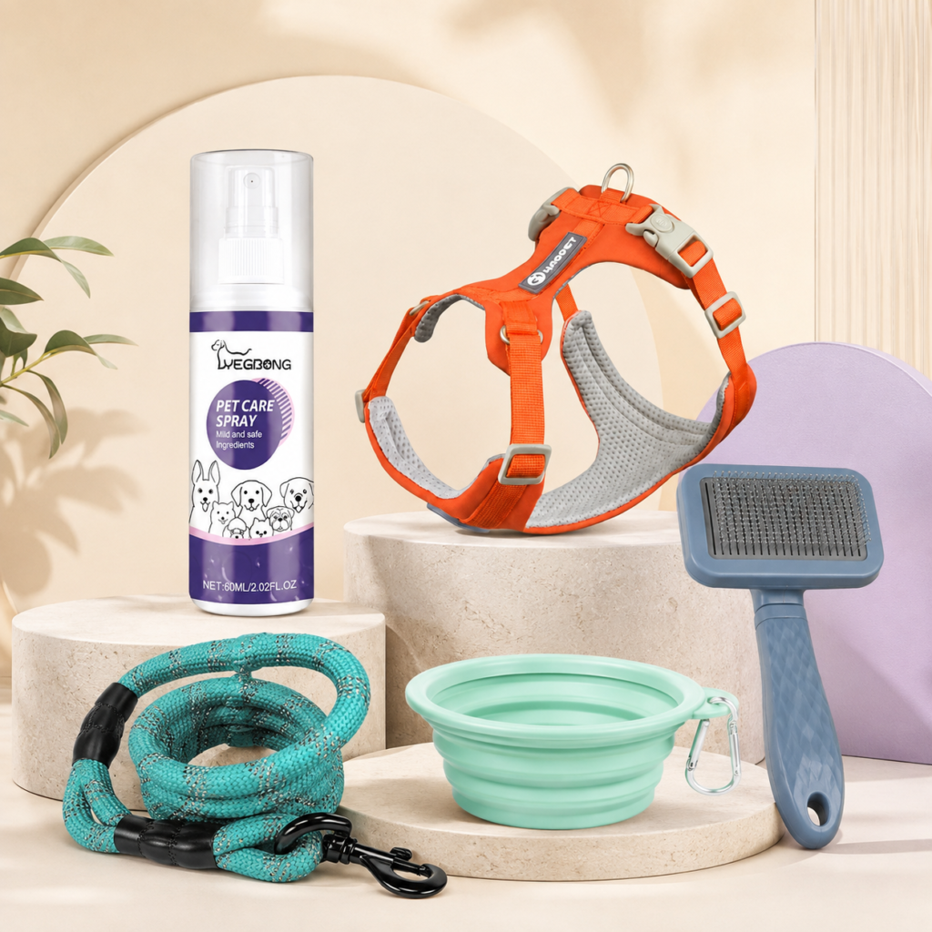 Pet food bag, bowl and toys