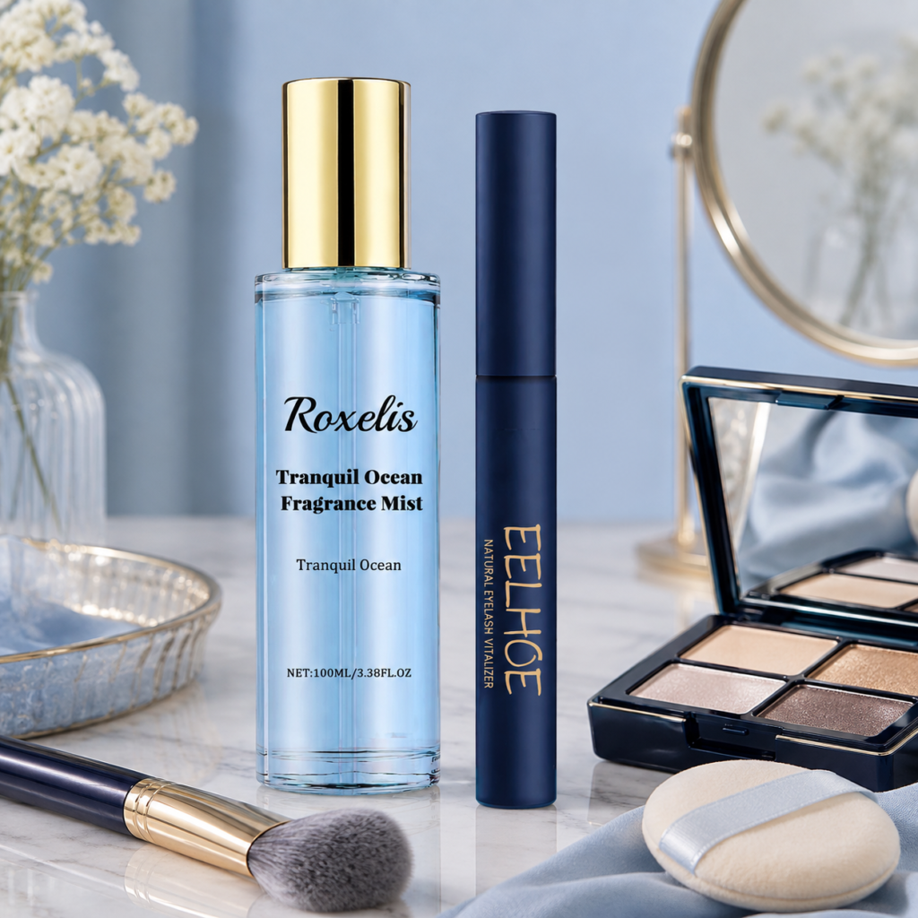 Beauty care bottles and skincare products